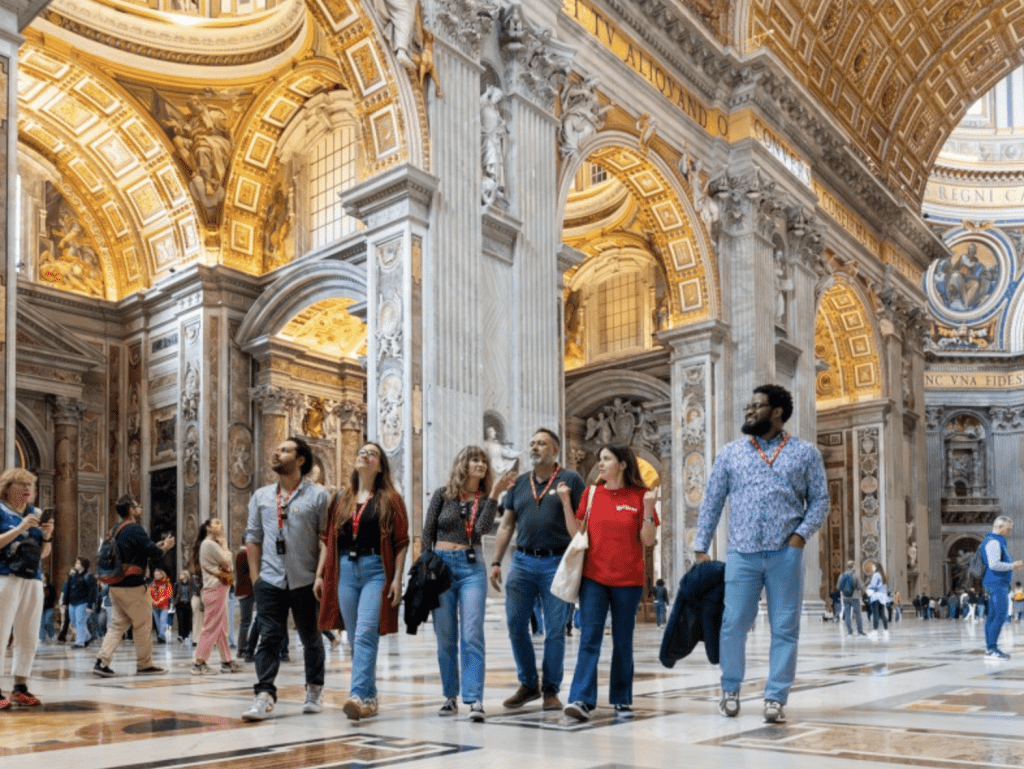 A tour group walking.